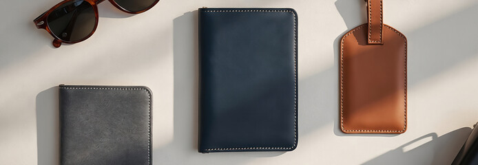 Dark blue passport holder, grey card holder, tan luggage tag and sunglasses lie on white surface. Items are arranged neatly for travel planning, providing organization and security for journey.