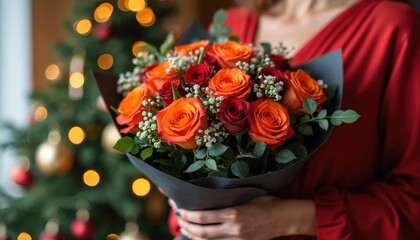 Woman holds orange and red rose bouquet near decorated Christmas tree with bokeh lights. Festive floral gift for holiday celebration, romance, or special event.
