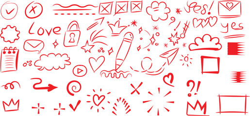 Collection of red hand drawn doodle icons and various abstract sketch elements perfect for emphasizing text or design accents