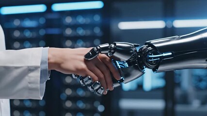 Collaboration between human and artificial intelligence symbolized by a handshake, representing future technology and innovation