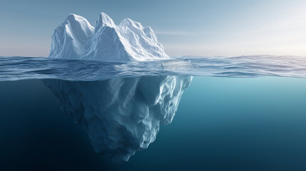 Massive iceberg floating in ocean with underwater view revealing hidden depth and climate concept.