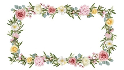 Fototapeta premium Decorative horizontal rectangle frame made of detailed illustrated roses peonies and fresh green leaves