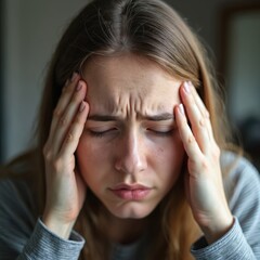 Young woman holds head with hands, eyes closed, grimacing in pain. Her brow is furrowed, showing discomfort, distress. Suffering from headache or migraine attack, experiencing severe head throbbing.