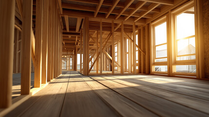 Fototapeta premium Wooden house frame under construction showing structure of modern residential building. 