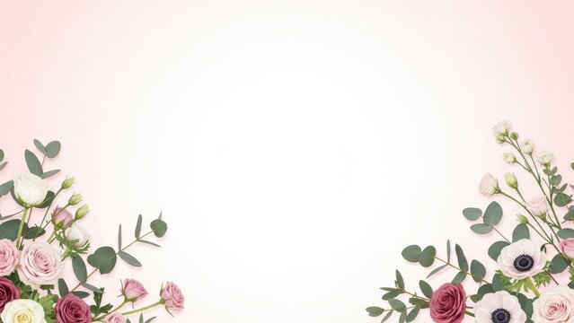 Elegant floral border background with assorted blush pink roses white anemones and eucalyptus branches on subtle light pink gradient