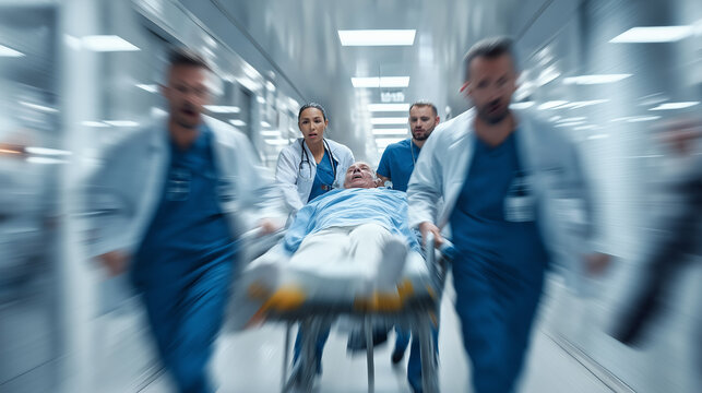 Medical emergency team rushing patient on stretcher through hospital corridor.
