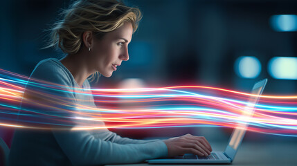 Focused woman typing on laptop with colorful motion light streaks symbolizing speed and productivity.

