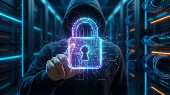 Digital Defender: Silhouette of a hooded figure, a guardian of data, presents a glowing padlock. The scene highlights the essence of security in the digital landscape