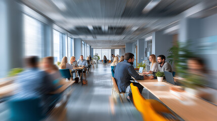 Blurred motion of busy office team collaborating in modern open space.
