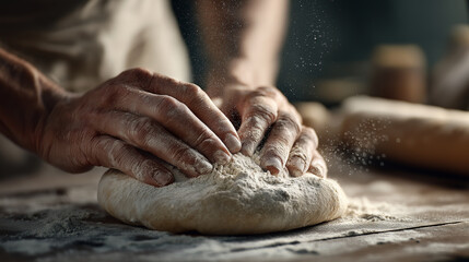 Hands kneading fresh dough on wooden table in traditional baking process.
