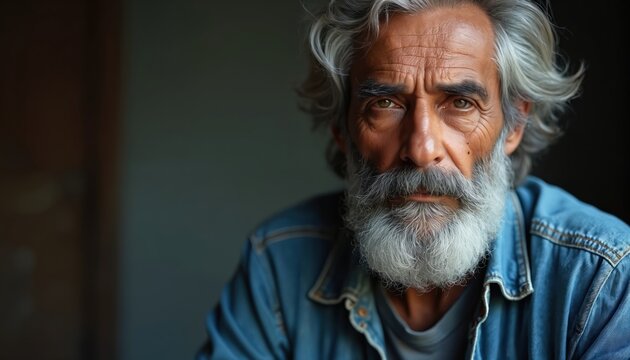 Close up portrait of aged indian man with grey hair and beard. He has expressive wrinkles and serious face. Man wears blue denim shirt, looking thoughtful.