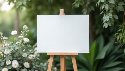 Blank white sign on wooden easel surrounded by green leaves and white flowers. Empty signboard for wedding messages, event info or art display. Natural outdoor setting.