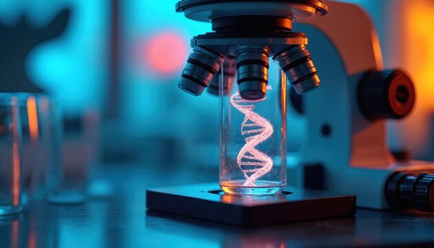 Microscope examines glowing DNA strand in test tube. Lab research shows genetic code structure. Science, biology, and discovery blend in this molecular analysis. - Powered by Adobe