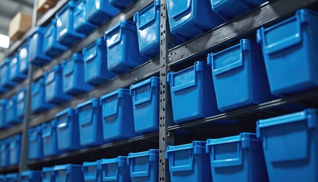 Many blue plastic bins stack neatly on metal warehouse shelves. Storage containers organize parts or supplies in a facility. Containers hold items for assembly production or distribution.