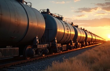 Long train with many oil tank cars on railway tracks at sunset. Railroad containers move on metal rails through dry grass field. Industrial cargo transport moves at dusk.