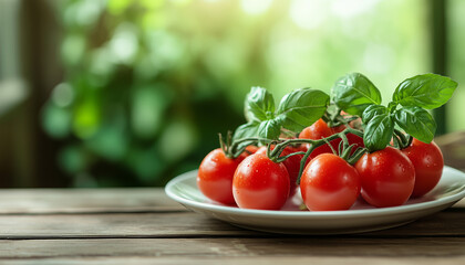 Still life photo of fresh cherry tomatoes and basil leaves. Tomatoes are placed on a white plate. Illustration placed on a wooden table