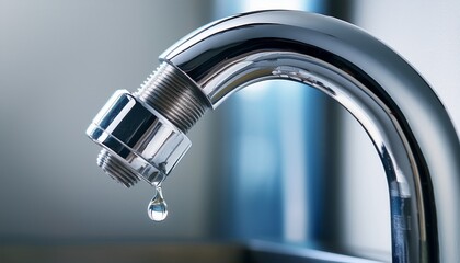 macro close up of a shiny chrome faucet with a single water drop dripping symbolizing clean flowing liquid and the potential for waste