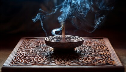 incense burning in a decorative bowl surrounded by swirling smoke and intricate wooden patterns