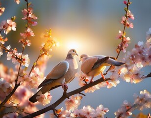 two doves perched on a branch surrounded by blooming flowers illuminated by soft sunlight in the background