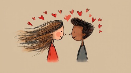 Happy cartoon couple showing love and affection. Smiling cartoon boy and girl with red hearts floating above them, depicting true love