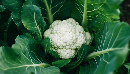 Cauliflower grows in rich field at sunset. Fresh white head surrounded by green leaves. Organic farm produce captures warm golden light