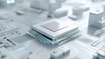 Close-up of a microchip embedded in a circuit board representing advanced computing technology.
