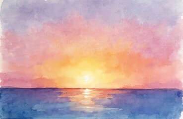 Obraz premium Watercolor painting depicts vibrant sunset over calm ocean water. Sky shows hues of purple pink orange yellow with sun reflection on sea surface. Peaceful evening seascape.