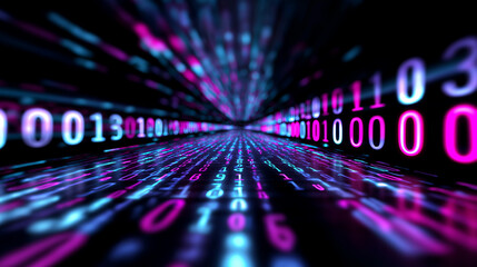 A futuristic tunnel of glowing binary code creates a dynamic visualization of digital data flow and cyberspace.
