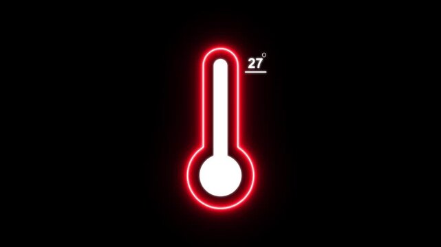 Neon Medical thermometer icon animation. Thats indicates weather temperature 27 degree increse or decline. Thermometer equipment showing hot or cold weather. Alpha channel