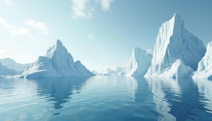Towering ice formations rise from calm ocean waters under a bright sky. Jagged peaks reflect in the still sea creating a serene, cold, and majestic polar landscape.