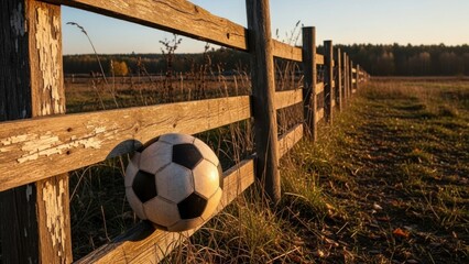 A soccer ball rests against a rustic wooden fence in a serene rural landscape at sunset.