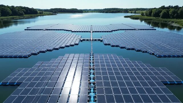 Floating solar farm on a calm lake, clean energy, sustainable power generation, aerial view