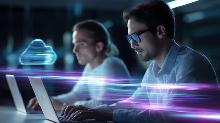 Young programmers work at computers with glowing abstract digital energy visualizing advanced technology.
