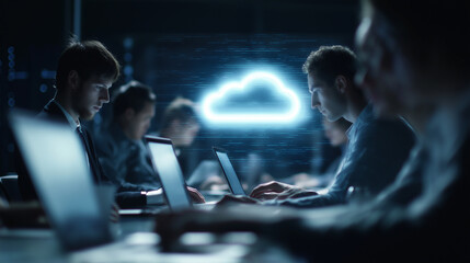 Young programmers work at computers with glowing abstract digital energy visualizing advanced technology.
