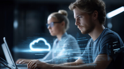 Young programmers work at computers with glowing abstract digital energy visualizing advanced technology.
