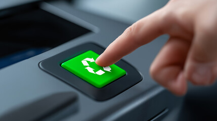 A finger presses a green confirmation button on a modern device interface.
