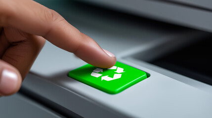 A finger presses a green confirmation button on a modern device interface.
