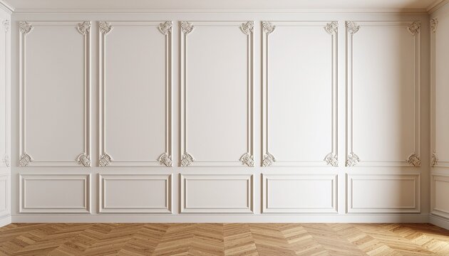 Luxury Classic White Wall Moulding with Elegant Ornate Carvings. Sophisticated Neoclassical Interior Wall Panel Design for Living Room. Premium French Style Wainscoting Background with Decorative Plas