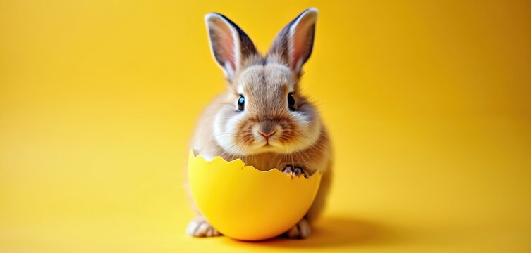 Fluffy bunny sits in broken yellow eggshell against bright yellow backdrop. Springtime symbol of new life and Easter celebration. Cute small rabbit emerges, joy.