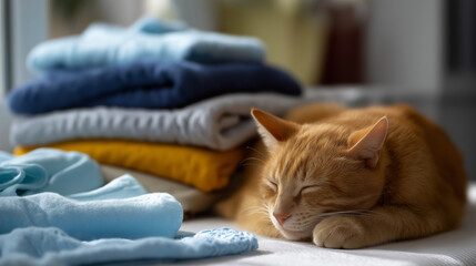 A ginger cat sleeps peacefully on folded blankets in a cozy home interior.
