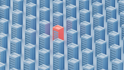 Red server standing out among rows of identical blue data center racks