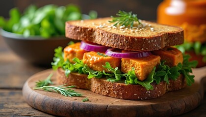 Thick cut multigrain bread forms a hearty sandwich filled with fresh greens, red onion slices, and golden tofu cubes. This plant-based meal offers a healthy and delicious option for lunch or dinner.