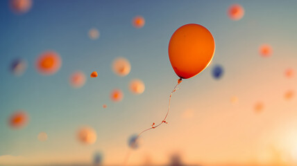 秋の夕焼け空で中央の大きな橙色風船と遠景の群れが物語をつくる情景