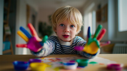 A young child smiles while showing hands covered in colorful paint during a creative play activity at home.
