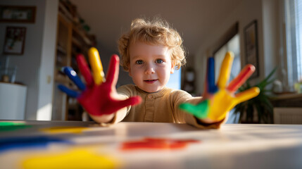 A young child smiles while showing hands covered in colorful paint during a creative play activity at home.
