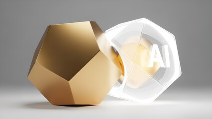 3D render of faceted gold and glowing glass AI core representing valuable technology