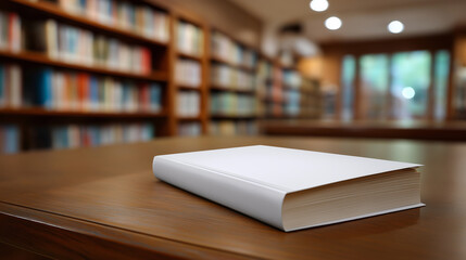 A single closed book lies on a wooden table inside a quiet library filled with shelves of books.
