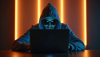 Hooded figure in sunglasses types on laptop computer in dark room with orange light streaks. Anonymous person engaged in cybercrime activity. Online threat concept.