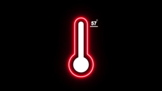 Neon thermometer shows the temperature of air or water at 57 degrees Celsius. Temperature increase global warming concept with alpha channel. 4k videos
