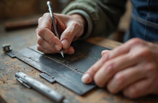 Person uses a scriber tool to mark a metal surface. Hands carefully guide the tool, preparing for precise work. Focus on detail and accuracy in craft.